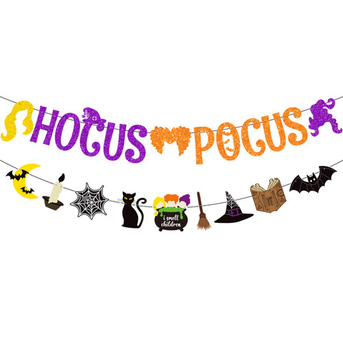 PTFNY Glittery Hocus Pocus Banner Hocus Pocus Halloween Decorations Halloween Witches Party Banner for Hocus Pocus Halloween Party Decorations Supplies