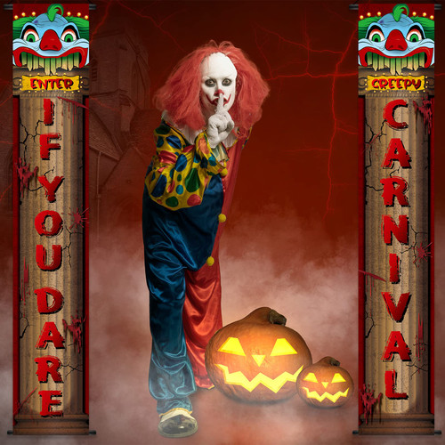 Creepy Carnival Decorations Halloween Circus Clown Porch Sign Banner Scary Clown Halloween Decorations Outdoor for Horror Circus Carnival Theme Party Supplies, 70.9 x 11.8 Inch