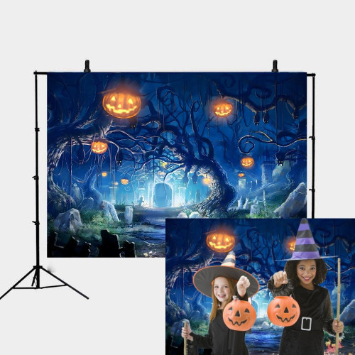 INRUI Halloween Backdrop Night Forest Graveyard Pumpkin Lantern Photography for Halloween Theme Party Horror Spooky Night Decoration (5x3FT)