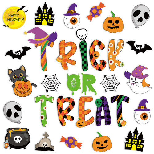 Jinei 68 Pcs Halloween Classroom Decoration Trick or Treat Cutouts Halloween Bulletin Border Decoration Pumpkin Spider Bat Cutouts Ghosts Candy Cutouts for Halloween Party Classroom Wall Decor