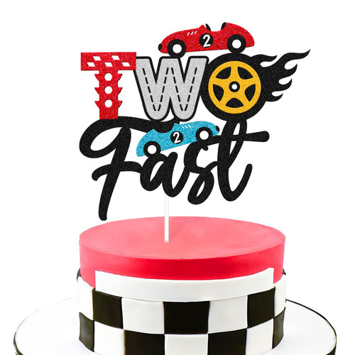 Two Fast Cake Topper Traffic Light Racing Car Wheel Themed Happy Birthday Party Supply for Boys Girls Kids 2nd Second Two Birthday Cake Glitter Decoration