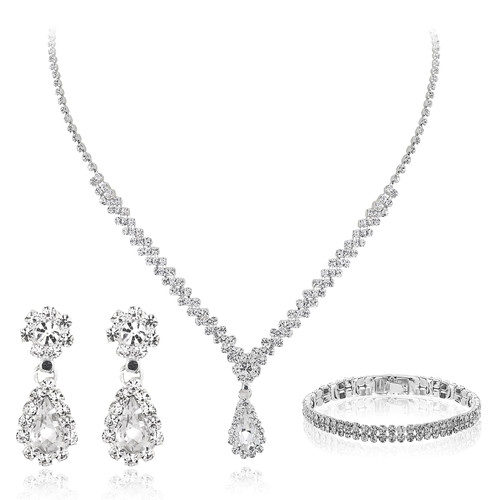 Lusofie Wedding Jewelry Sets for Brides Silver Rhinestone Necklace Earrings Bracelet Sets Crystal Bridal Bridesmaid Prom Costume Accessories for Women and Girls