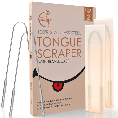 Tongue Scraper for Adults (2 Pack), 100% Stainless Steel Tongue Scraper (Travel Cases Included), Metal Tongue Cleaner, Bad Breath Treatment, Easy to Use Tongue Scraper for Fresh Breath