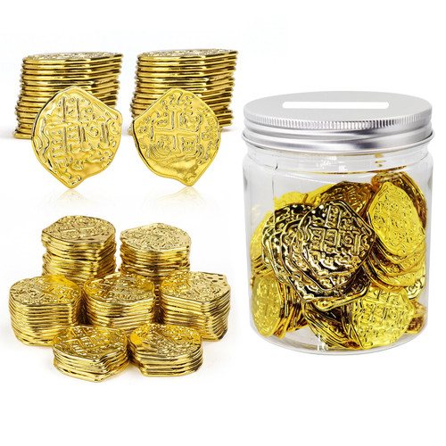Mczxon Plastic Gold Pirate Coins 100 Pcs, Pirate Treasure Play Golden Replica Spanish Doubloons Coins with Coin Jar, Small Plastic Play Gold Pirate Tokens Coins Toy for Kids Party, Silver Mczxon Plastic Gold Pirate Coins 100 Pcs, Pirate Treasure Play Golden Replica Spanish Doubloons Coins with Coin Jar, Small Plastic Play Gold Pirate Tokens Coins Toy for Kids Party, Silver