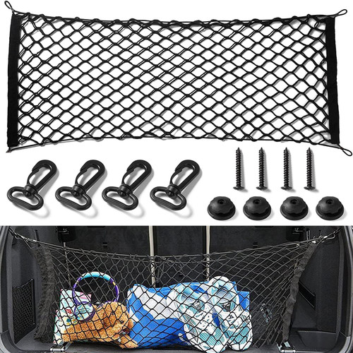 Car Rear Cargo Net, Adjustable Elastic Storage Organizer Net, Cargo Storage Elastic Mesh Net Organizer with Hooks, Trunk Cargo Storage Net, Universal Fit for Cars, Trucks, SUVs (35.4x15.8 Inch)