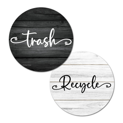 Recycle and Trash Stickers for Kitchen Trash Cans and Recycling Bins, Indoor Trash and Recycle Sticker Combo for Garbage Can Logo Symbol, 2 Farmhouse Decals, 4 Inch Circle Decal for Home or Outdoor