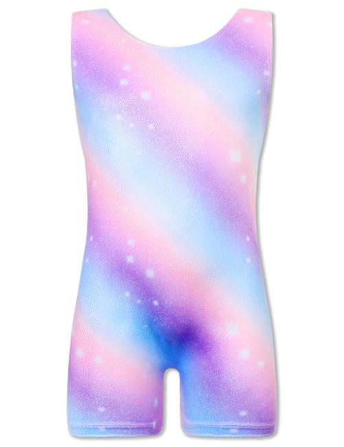 TENVDA Gymnastics Leotards for Girls Size 2t 3t Sparkle Purple Stripes Print Sleeveless Toddler Kids Biketard with Shorts Tumbling Practice Unitard