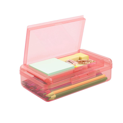 Pencil Box,Bilayer Transparent Design Large Capacity Pencil Case,Plastic Hard Pencil Case,Pencil Box with Snap-tight Lid,Pencil Boxes Stackable Design,for Office Supplies School Pencil Box-Pink