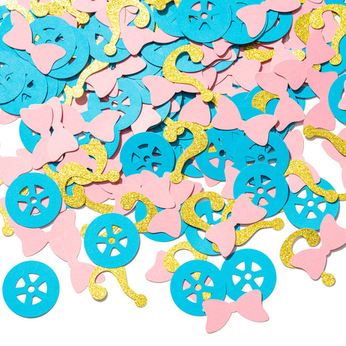 Burnouts or Bows Gender Reveal Confetti Blue Pink Glitter Gold Sprinkles Paper Scatter Gender Reveal Table Decorations Party Supplies for Boy or Girl He or She Baby Shower Birthday Wedding, 250 Pcs