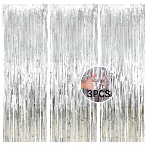 3Pcs Silvery Tinsel Foil Fringe Curtains Party Decorations Tinsel Curtains Streamers Backdrop 3.3ft *8.3ft Door Streamers Photo Booth Backdrops Foil Curtain for Birthday Party Backdrop Decorations