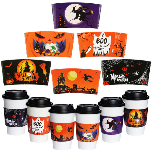 Hmxpls 24 Packs Halloween Coffee Cups Sleeves, Disposable Hot Chocolate Cocoa Cup Sleeves for 12oz 16oz Hot Drinks Cold Beverage, Holiday Ghost Pumpkin Witches Bat Thicken Paper Sleeves, 6 Designs