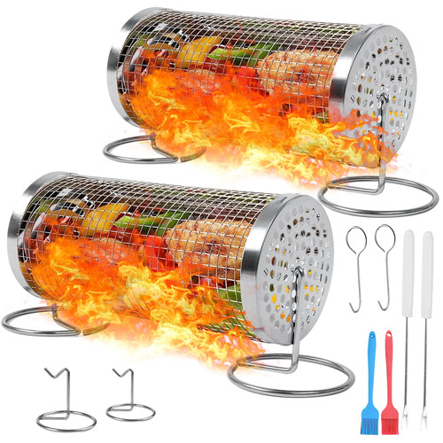 Grill Basket, 360 degree Rolling Grilling Basket, BBQ Grill Basket, Stainless Steel Grill Mesh Barbeque Grill Accessories, Portable Grill Baskets for Outdoor Grill for Fish, Shrimp, Meat, Vegetables, Fries (2 Pcs 30x9x9cm) Grill Basket, 360 degree Rolling Grilling Basket, BBQ Grill Basket, Stainless Steel Grill Mesh Barbeque Grill Accessories, Portable Grill Baskets for Outdoor Grill for Fish, Shrimp, Meat, Vegetables, Fries (2 Pcs 30x9x9cm)