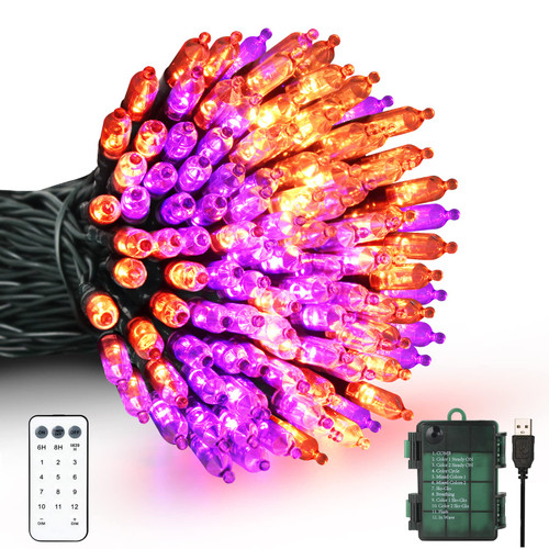 Tcamp Orange Purple Halloween Lights Decorations Outdoor Indoor, 33FT 100 LED USB & Battery Operated Halloween String Lights with Remote Timer Memory Functions 12 Lighting Modes for Halloween Decor