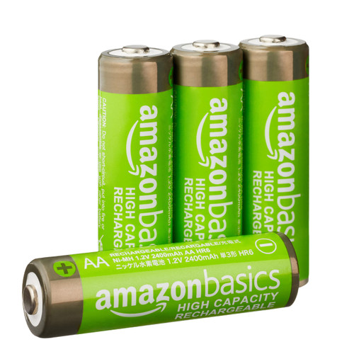 Amazon Basics 4-Pack Rechargeable AA NiMH High-Capacity Batteries, 2400 mAh, Recharge up to 400x Times, Pre-Charged