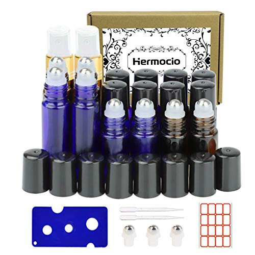 Essential Oil Roller Bottles Hermocio 18 Pack Amber Glass Empty Roller Bottles for Essential Oils Cobalt Roll-on Bottles with Stainless Steel Roller Ball