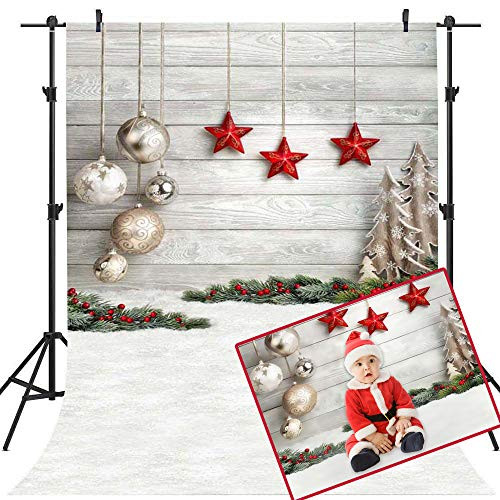 Mocsicka Happy New Year Backdrop 5x7ft Xmas Party Winter Snow Ground Photography Background White Christmas Balls Red Stars Decoration Backdrop Christmas Eve Photo Studio Prop