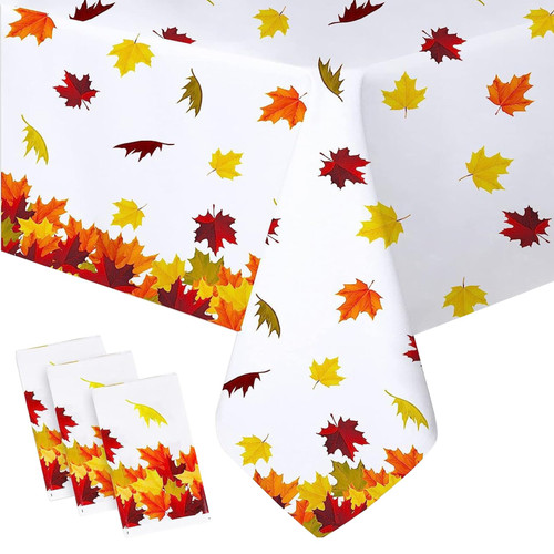 Kesfey 3 Pack Fall Maple Leaves Tablecloth 54 x 108 Inches Thanksgiving Party Table Covers Disposable Waterproof Plastic Autumn Harvest Theme Table Cloth Rectangle for Dinner Home Table Decoration