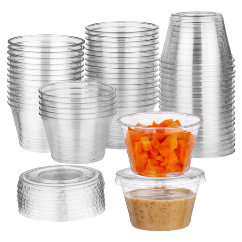 Prgery [4 oz 50 Set Jello Shot Cups with Lids,Plastic Portion Cups,Disposable Souffle Cups,Small Plastic Sauce Cups-Thickened Cups for Jello,Condiment,Salad Dressing, Ice Cream,Meal Prep
