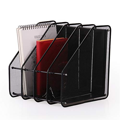 Metel Mesh Desktop Organizer, Desktop File Organizer Office Supplies 4 Vtrtical Compartment Inclined Tired File Organizer, HQD Metal Office Desk Shelf for Documents, Magazines, Notebooks, Paper