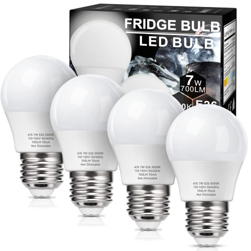 KINDEEP A15 Refrigerator LED Bulbs 60 Watt Equivalent, 7W Light Bulb Daylight White 5000K, 700LM for Appliance Fridge Light Bulb, Ceiling Fan, Waterproof, Non-Dim, E26 Base, 4 Pack
