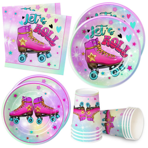 APOWBLS Roller Skate Birthday Plates And Napkins Party Supplies - Roller Skating Party Decorations Tableware, Let's Roll Plates, Napkins, Cups, Pink Roller Skate Party Supplies For Girls | Serve 24