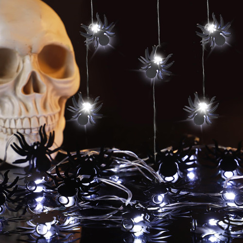 Halloween String Lights, Black Spider LED String Lights, Battery Operated Halloween Lights with Two Modes for Indoor Outdoor Halloween Party Decorations (10 FT, 20 LED)