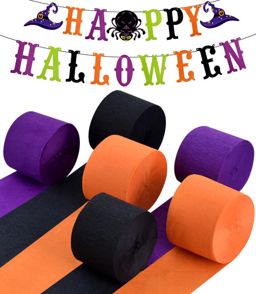 BEISHIDA Orange Purple Black Crepe Paper Streamers and Happy Halloween Banner Set, Halloween Party Decorations for Party Backdrop Photo Background (6 Rolls Crepe Paper Streamers + 1 Banner)
