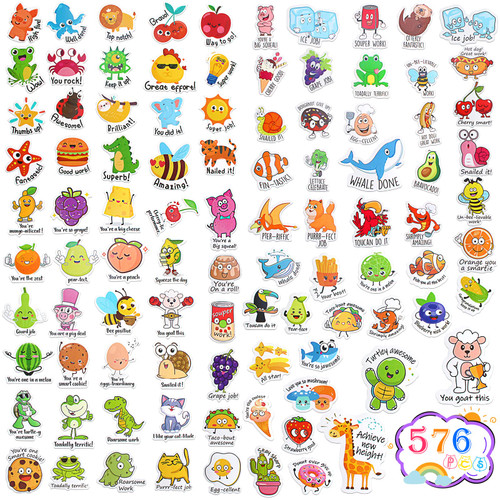 576PCS Punny Reward Stickers Teacher Stickers for Students, Reward Stickers for Kids Positive Stickers Cartoon Animals Incentive Stickers for Encouraging Kids School Classroom Supplies