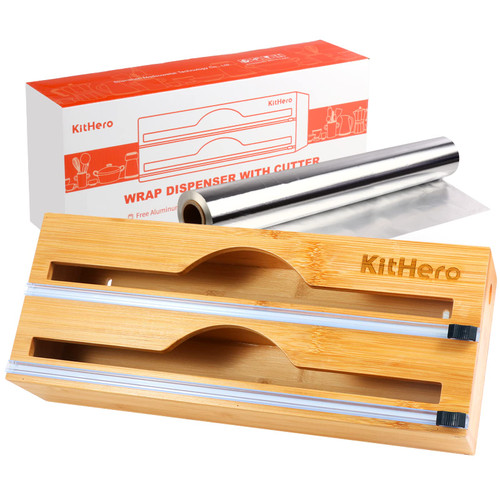 2 in 1 Foil and Plastic Wrap Organizer?with one Roll of Aluminum Foil?Hangable Bamboo Roll Organizer Holder?Tin Foil, Wax Paper, Plastic Wrap Dispenser for Kitchen Drawer