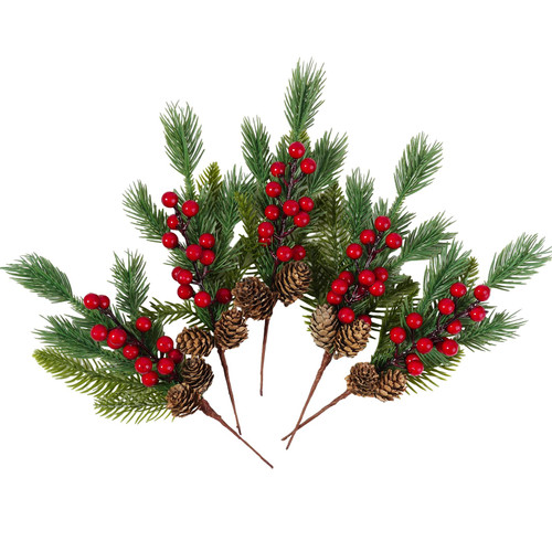LOVYNO 5PCS Christmas Pinecone Holly Berry Picks Artificial Holly Red Berry Pine Cone Picks Holiday Floral Decorations with Bendable Stems Green Pine Needles for Christmas DIY Crafts Decoration