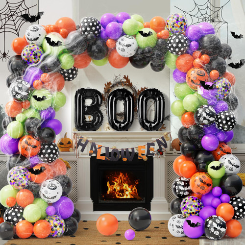 Wecepar Halloween Balloon Garland Arch kit with Halloween Spider Web Boo Foil Balloons Spider Balloons Black Orange Purple Fruit Green Confetti Balloons for Halloween Day Party Decorations Backdrops