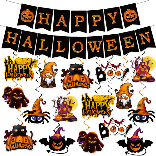 Halloween Banner, Happy Halloween Banner and Halloween Hanging Swirls Decorations, Pumpkin Castle Ghost Hanging Decor for Ceiling Wall, Halloween Party Decorations Supplies