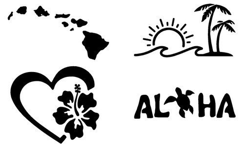 Hawaii Decal 4 Pack: Hawaiian Islands, Aloha Turtle, Sun Wave Palm Tree, Hibiscus Heart (Black, Small ~3.5") Hawaii Decal 4 Pack: Hawaiian Islands, Aloha Turtle, Sun Wave Palm Tree, Hibiscus Heart (Black, Small ~3.5")