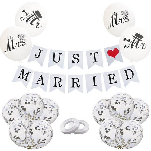 Just Married Decorations, JUST MARRIED Wedding Party Decorations Car Decor Wedding Balloons White and Silver Rustic Wedding Banner for Reception Vintage Wedding Bunting Photo Props Bridal Shower Decor