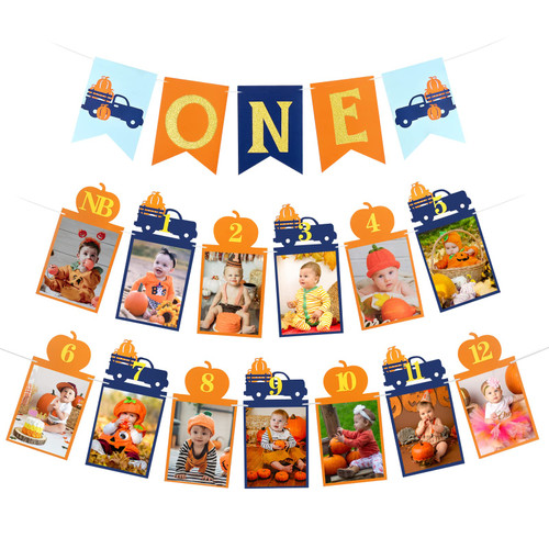 Pumpkin One Banner and Pumpkin 1st Birthday Photo Banner for Fall Pumpkin 1st Birthday Boy Decorations Pumpkin First Birthday Boy Supplies,Pumpkin Truck Birthday Supplies