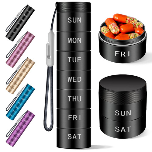 Travel Pill Organizer,Weekly Waterproof Metal Pill Case,Pill Holder, Moisture Proof Daily Pill Box 7 Day,Large Pill Container to Hold Vitamins,Medication, Fish Oil,Supplements ?Black?