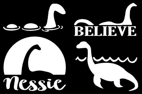 Loch Ness Decal 4 Pack: Assorted Loch Ness, Nessie Decals (White, Small ~3.5")