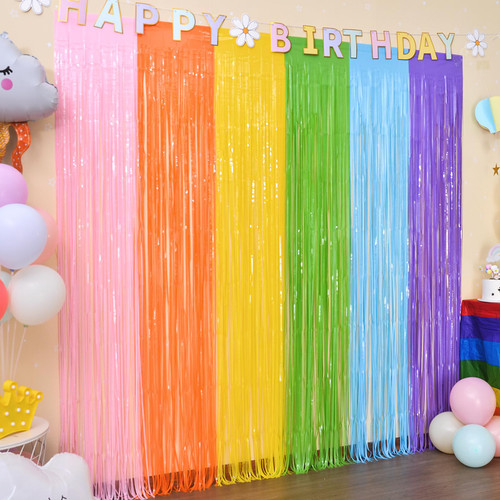 LOLStar Pastel Rainbow Foil Fringe Curtains, 2 Pack Pastel Rainbow Party Decorations 3.3x6.6ft Tinsel Streamers Holiday Photo Booth Props Backdrop for Birthday Wedding Engagement Bridal Shower Unicorn