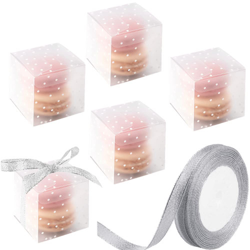 Ocmoiy 50Pcs Macaron Boxes for 2 Macarons, 2 x 2 x 2 Inches Clear Party Favor Boxes with Ribbons, Cube Mini Gift Candy Boxes (White Polka Dots)
