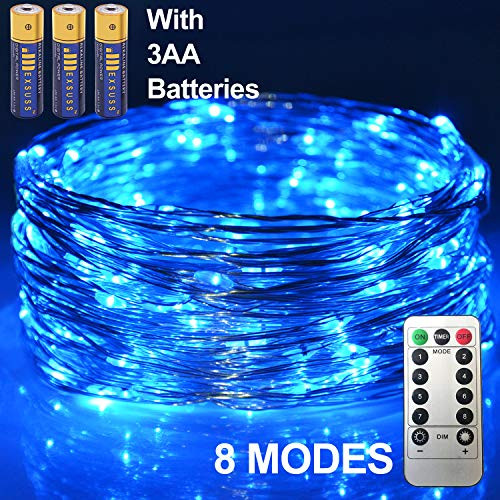 JMEXSUSS 8 Modes Timer Remote Control Fairy String Light 100 LED 32.8ft Battery Operated Waterproof Dimmable Copper Wire Lights for Christmas, Room, Wedding, Party Decor (100LED, Blue, with Battery)