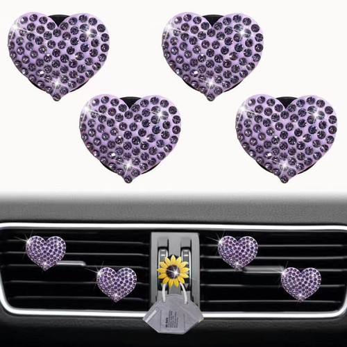 Purple Heart Air Vent Clips, 4 Pcs Bling Heart Car Air Fresheners Vents Clips Car Diffuser Diamond Car Interior Decor Cute Daisy Car Accessories Car Decoration for Women + Mask Hook