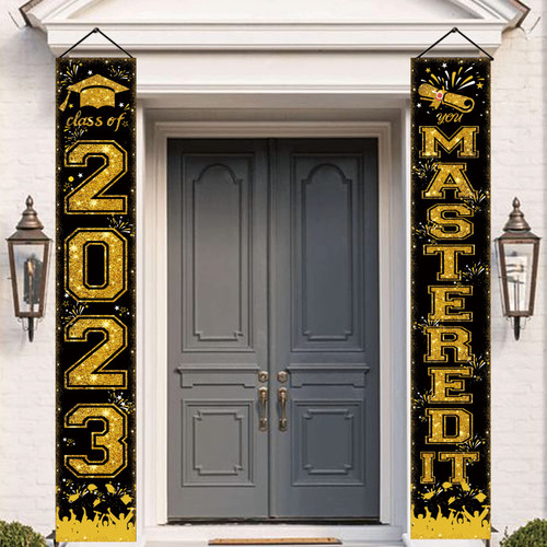 2023 Graduation Porch Sign, Class Of 2023 Decorations, Black Gold Graduation Party Decorations with Class Of 2023 Banner, Mastered It Banner for Masters Degree Decorations Graduation Door Banner 2023