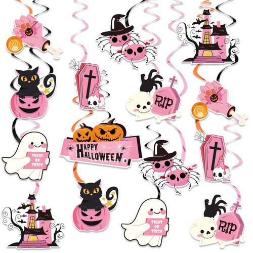 Pink Halloween Hanging Swirls Decorations,30PCS Happy Halloween Party Supplies,Ghost Hanging Decorations for Halloween,Halloween Themed Party Decorations for Girl,Cute Halloween Ceiling Hanging Swirls