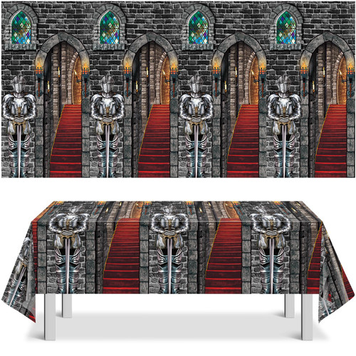 4Pcs Medieval Knight Backdrop,Plastic Halloween Knight Castle Entrance Wallpaper and Tablecloth,Disposable Medieval Castle Brick Stone Tablecloth for Halloween Party Decorations,54x108inch