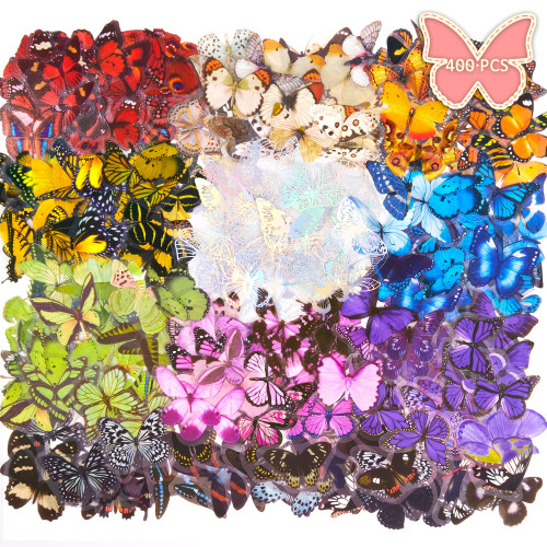 400 Pcs Butterfly Sticker with Holographic Glitter Resin Stickers Waterproof Transparent PET Decorative Scrapbook Sticker Decals for Bullet Junk Journals Supplies, DIY Crafts, Water Bottle, Laptops