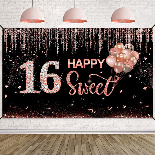 Happy 16th Birthday Banner Decorations for Girls, Rose Gold Sweet 16 Birthday Backdrop Sign Party Supplies, Large Sixteen Year Old Birthday Photo Booth Props Background for Outdoor Indoor Happy 16th Birthday Banner Decorations for Girls, Rose Gold Sweet 16 Birthday Backdrop Sign Party Supplies, Large Sixteen Year Old Birthday Photo Booth Props Background for Outdoor Indoor