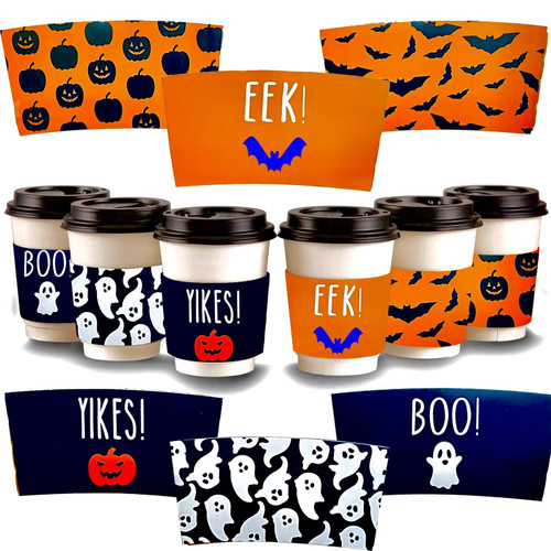 48PCS Halloween Coffee Cup Sleeves Tea cup sleeves Kraft Disposable Paper Cup Sleeves 6 Designs for 12 and 16oz Corrugated Cup Paper Jacket for Hot Chocolate Cocoa or Cold Beverage