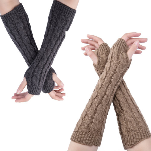 Flyou 2Pairs Women Winter Long Knit Fingerless Gloves Thumbhole Arm Warmers Mitten