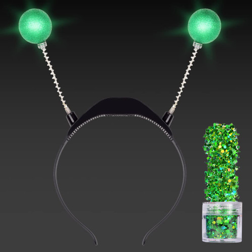 Funcredible Light Up Alien Headband with Chunky Glitter - Alien Martian Antenna and Holographic Glitter - Halloween Cosplay Space Theme Alien Costume Party Accessories for Women, Girls, Adults & Kids