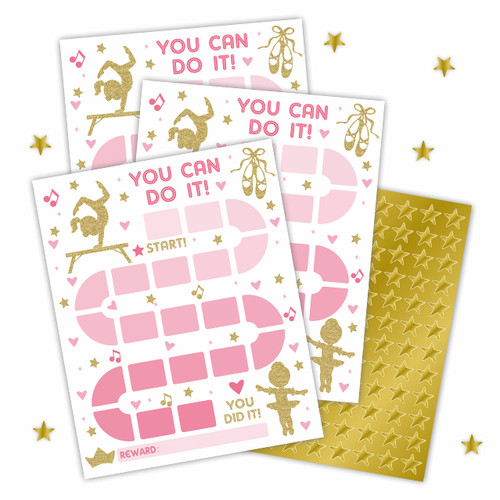 10 Reward Chart with 206 Golden Star Stickers-Gymnastic Theme- Chore Chart, Incentive Chart,Positive Behavior Routine Chart for Kids,Toddler Homework Assignments, Attendance(8"X10")-Chart-A07